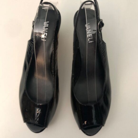 VANELi Sandals Womens 8M  Black Patent Peep Toe Slingback Cork Wedge 3.5‎ inch - Picture 1 of 8